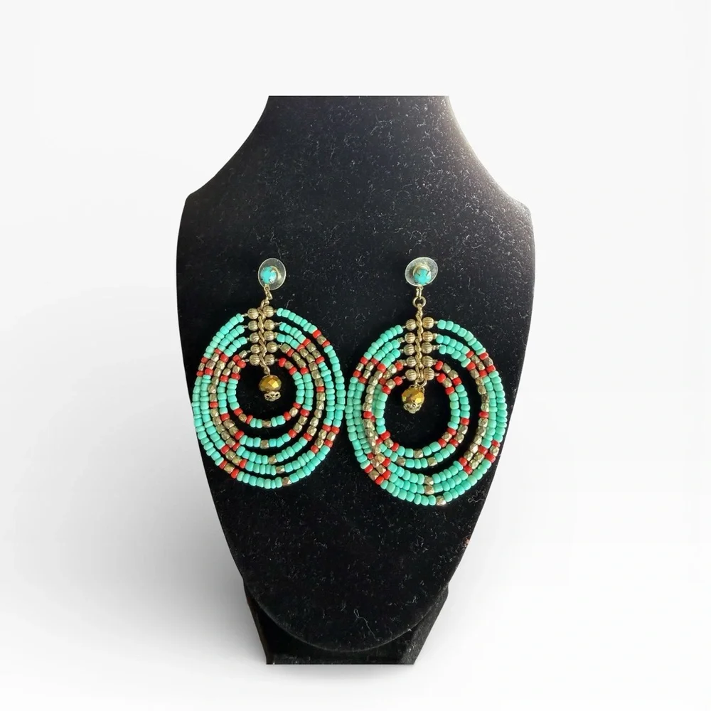 Turquoise and Red Beaded Hoop Earrings